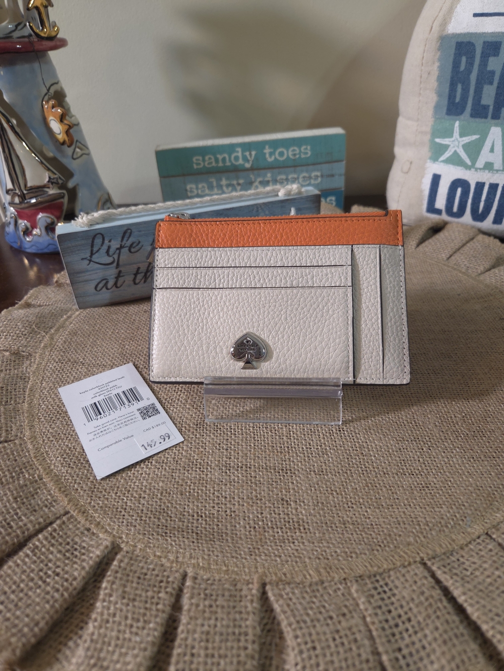 kate spade cream and orange leather card holder